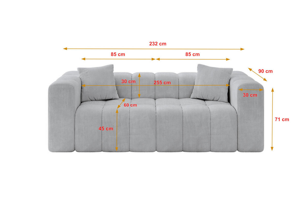 POHOVKA 2-MÍSTNÁ DONY-2 232x90x71 cm Šedá Manšestr - šedá/barva hliníku, kompozitní dřevo/textil (232/71/90cm) - ALTDECOR