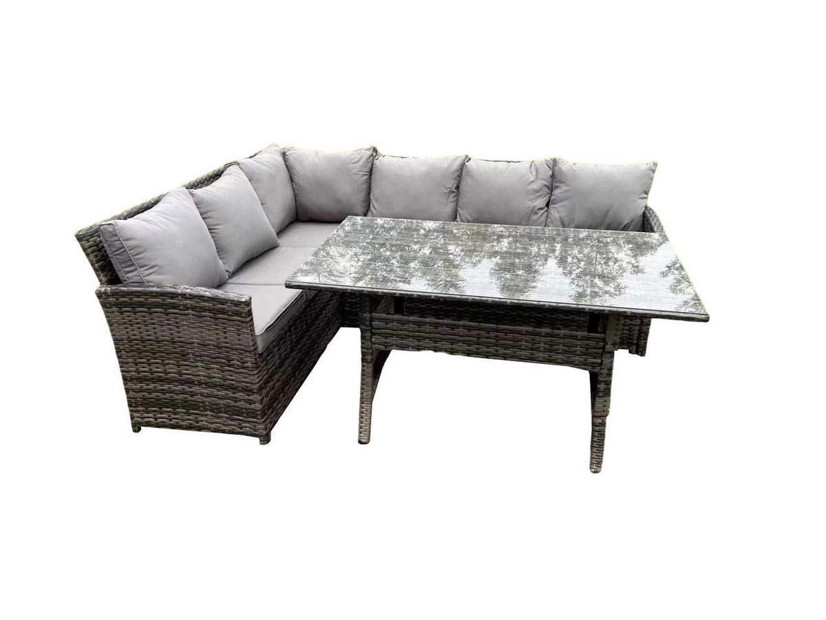 GARTENMÖBEL SET mit Rechteckiger Esstisch Polyrattan Dunkelgrau 6-Sitzer - Dunkelgrau/Grau, Glas/Kunststoff - Fimous