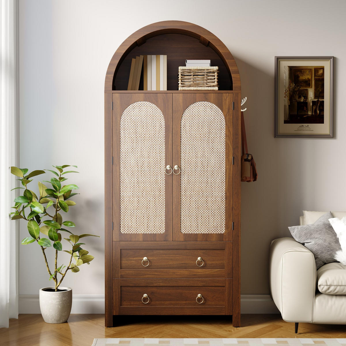 KOMMODE 80/40/180 cm aus MDF mit Rattangeflecht und verstellbaren Einlegeböden Nussbaum - Nussbaumfarben, Holzwerkstoff (80/180/40cm) - Modenvie