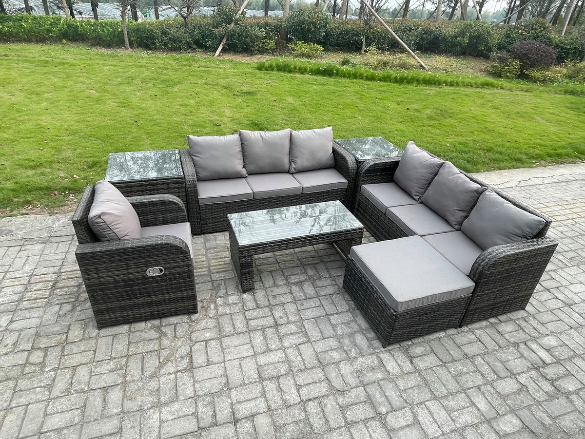 GARTENSOFA SET mit rechteckigem COUCHTISCH Polyrattan 8-Sitzer Dunkelgrau - Dunkelgrau/Grau, Glas/Kunststoff - Fimous
