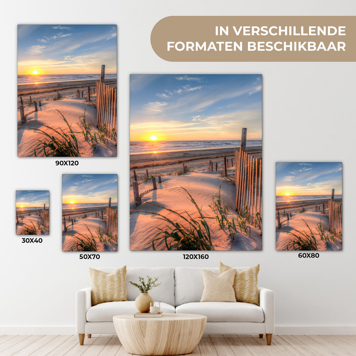 LEINWANDBILD Strand - Meer - Düne - Sonnenuntergang - Landschaft Wandbild Wohnzimmer 60x80 cm - Beige, Textil (60/80cm) - MuchoWow