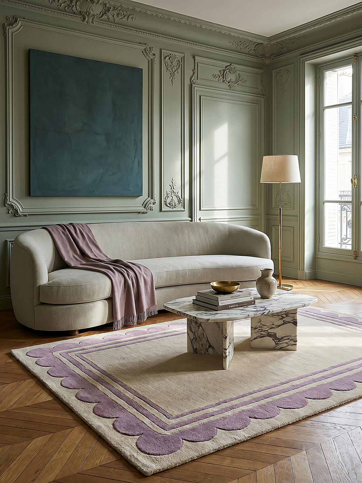 WOLLTEPPICH Grafisches Muster, Rahmen, Wohnzimmer schmutzabweisend Lila-Beige Rechteckig 160x230 - Lila, Textil (230/160cm) - KADIMA DESIGN