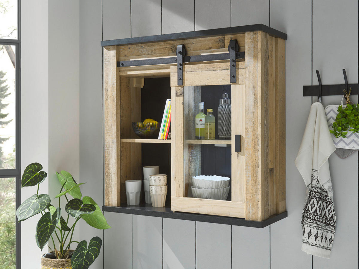 HÄNGESCHRANK Used Wood hell, anthrazit 93 cm Vintage, Küchenschrank mit Schiebetür - Anthrazit/Schwarz, Glas/Holzwerkstoff (93/90/31cm) - Furn.Design