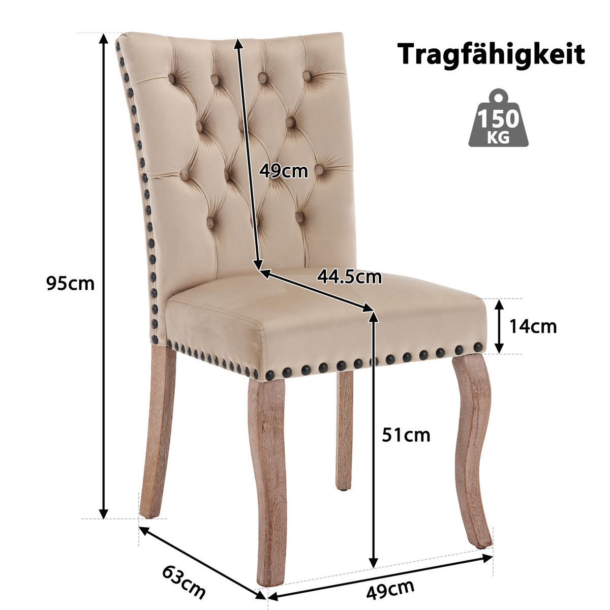 ESSZIMMERSTUHL 2er-Set mit samtgepolstertem Massivholzgestell, Kupfernägeln und modernem Design als komfortabler Sessel, beige - Beige, Textil (63/95/49cm) - Luhomfu