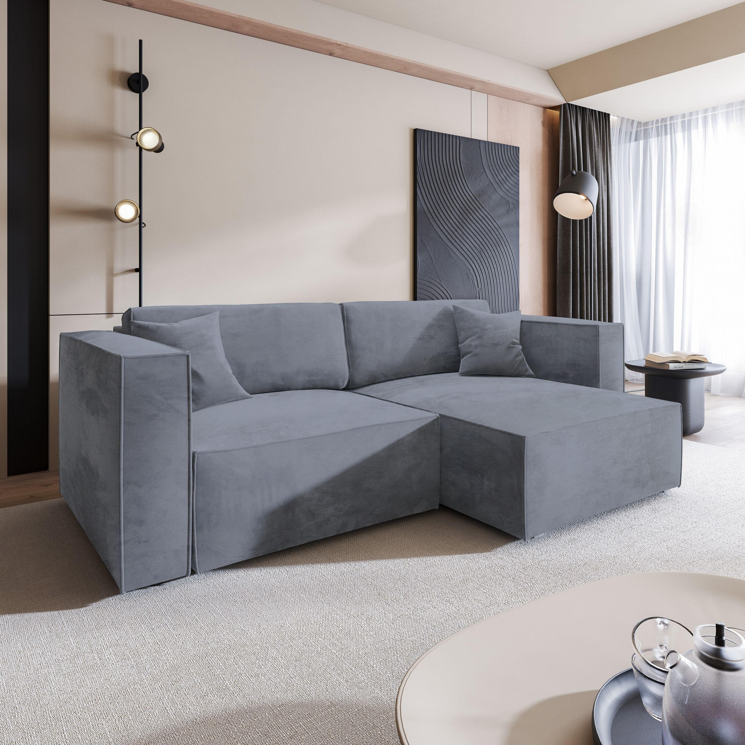 ECKSOFA NERIO M Grau Velours-Stoff mit Schlaffunktion - Grau, Holz (245/148cm) - MASSENO