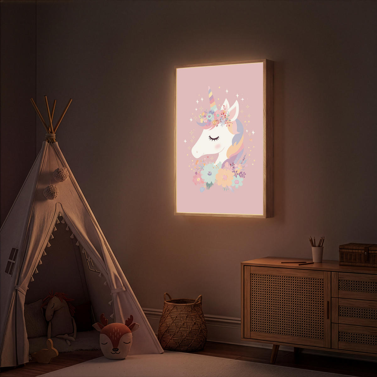 DOBÍJECÍ NOČNÍ LAMPIČKA Jednorožec - růžová - květiny 70x100 cm - růžová, kompozitní dřevo (8/70/100cm) - OnlyWow
