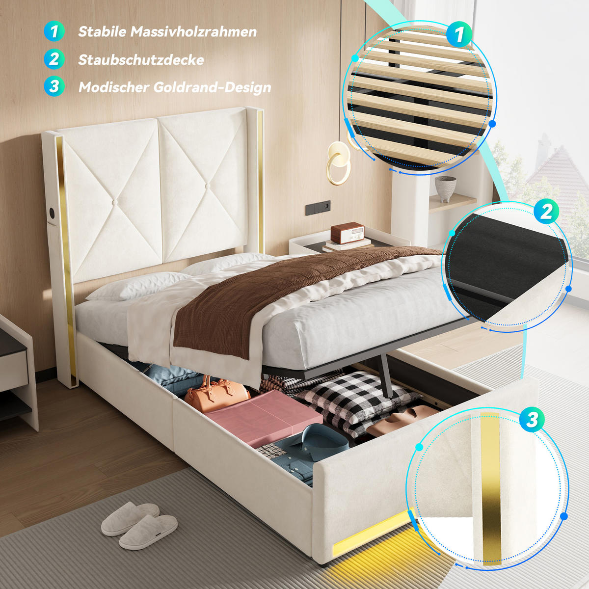 POLSTERBETT 90/200 cm in Beige Samt mit Bettkasten, LED, USB und Type-C - Beige, Holzwerkstoff/Textil (90/200cm) - WISHDOR