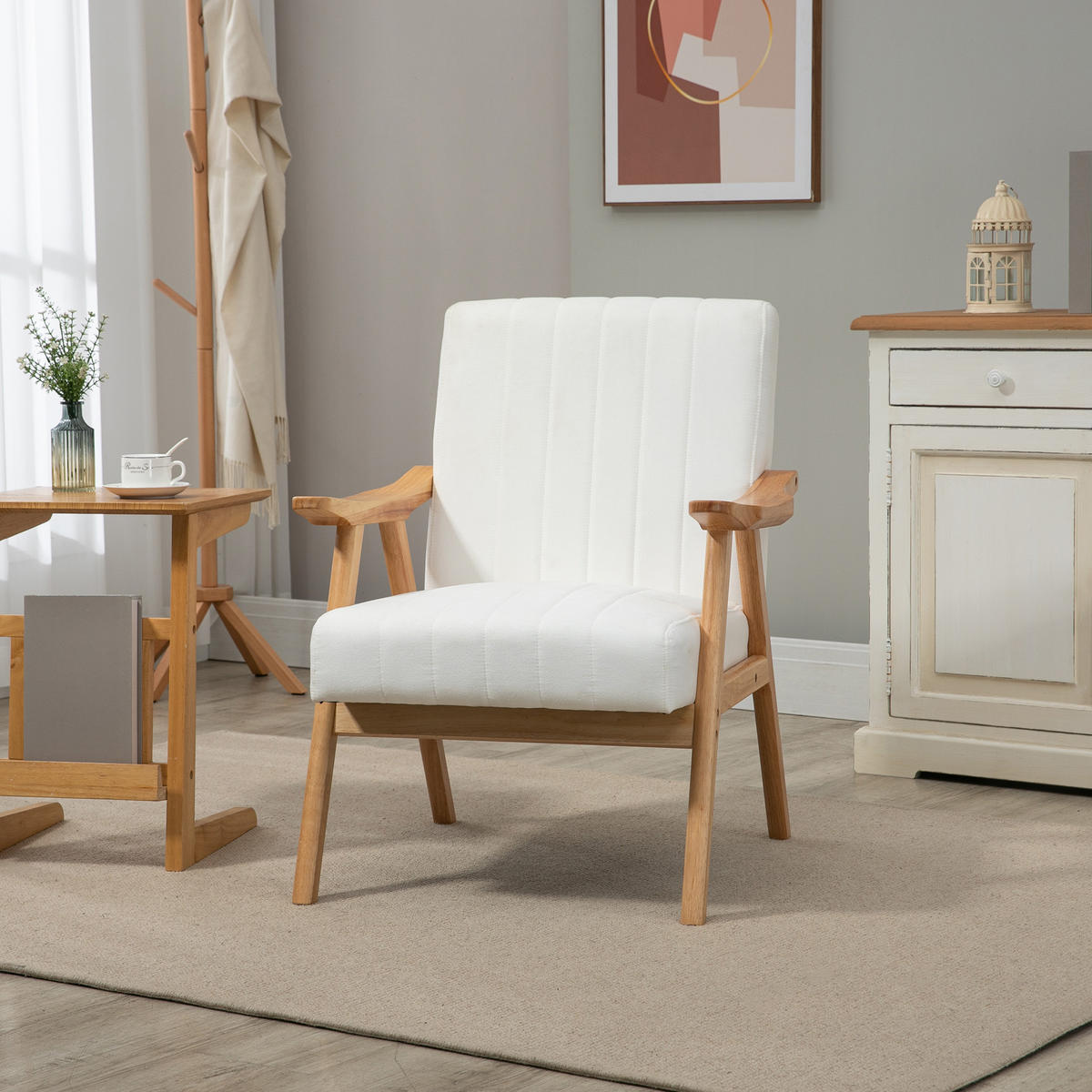 POLSTERSESSEL Wohnzimmersessel mit Armlehnen Kautschukbaumholz Farbe: Creme - Creme, Kunststoff (74/82/68cm) - HOMCOM