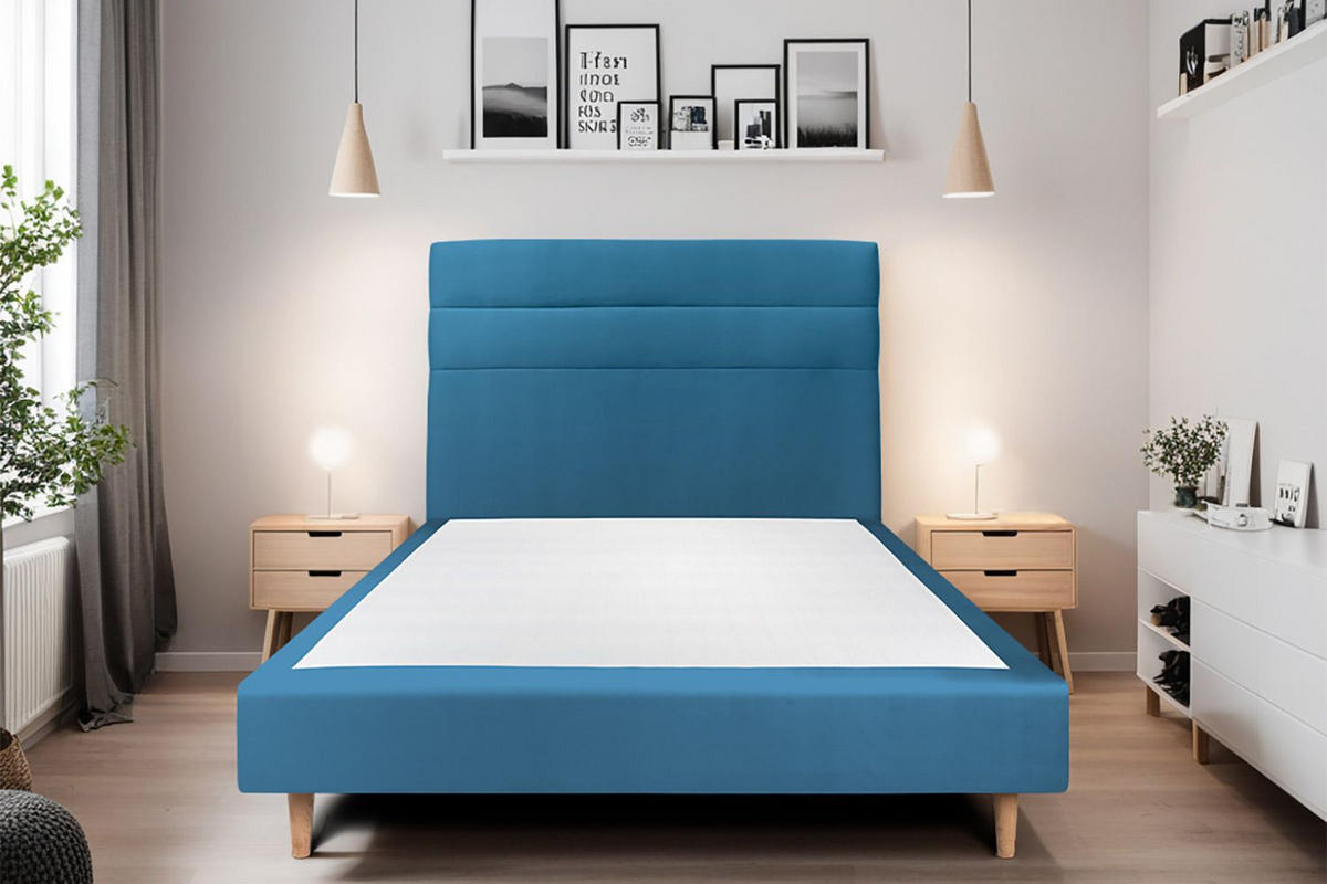 KOPFTEIL Modell Linien – Ozeanblauer Samtstoff 160 cm - Beige/Dunkelblau, Holz (160/120/10cm) - Sommeil de Plomb