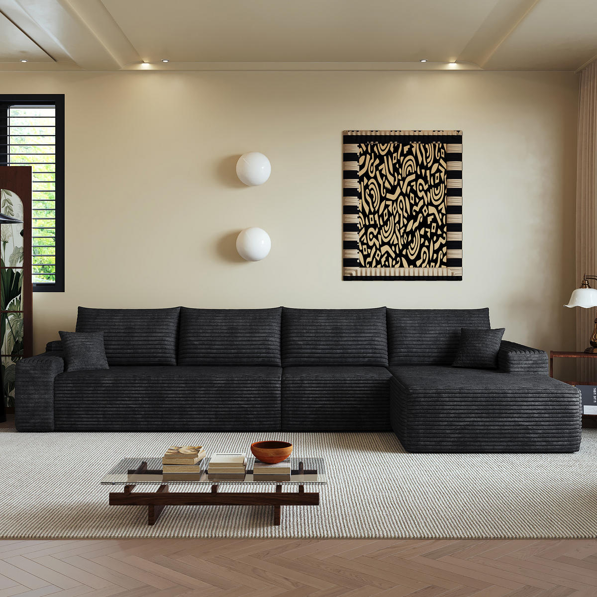 ECKSOFA 340/175/83 cm in Schwarz aus Cordstoff mit tiefer Sitzfläche - Schwarz, Textil (175/340cm) - Flora Grace