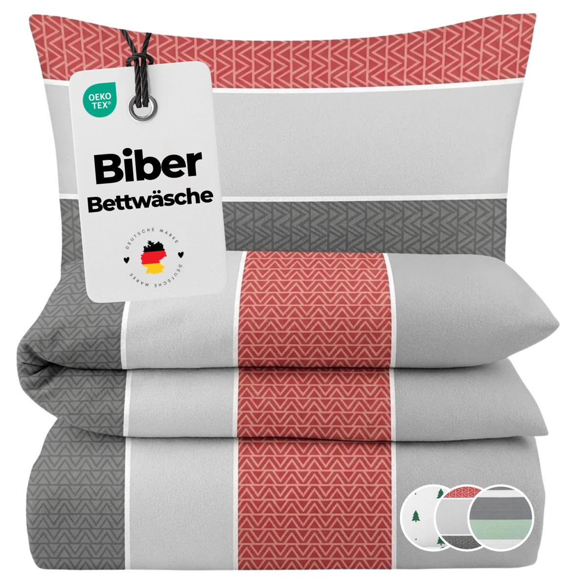BIBER-BETTWÄSCHE 135x200 - Warmer Flanell Winter Bettbezug aus Baumwolle - Streifen Rot Grau - Rot, Textil (135/200cm) - Carpe Sonno