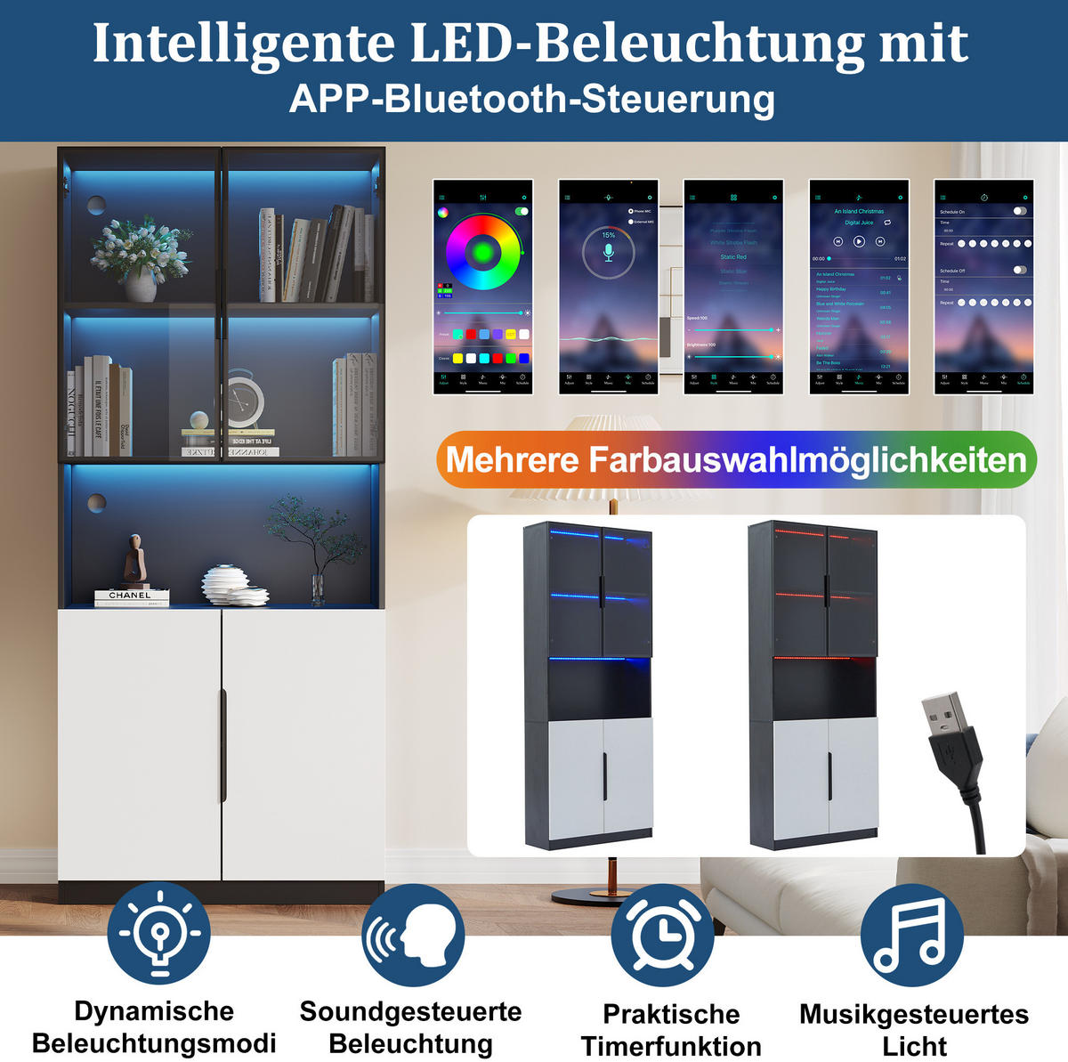 VITRINE 160/30/200 cm in Weiß mit Glastüren und LED-Beleuchtung - Weiß, Holzwerkstoff (30/200/160cm) - Flora Grace