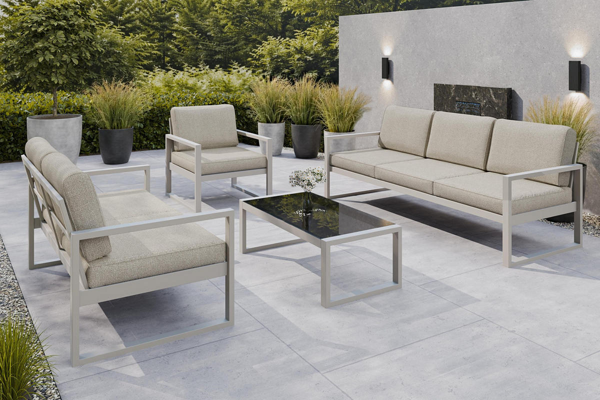 GARTENSET Madera für 6 Personen Balkonmöbel Aluminium Terassenmöbel Sitzbank, 4-tlg. Tisch kaschmir, ecru - Kaschmir/Ecru, Kunststoff/Metall - Margaret Hadas24