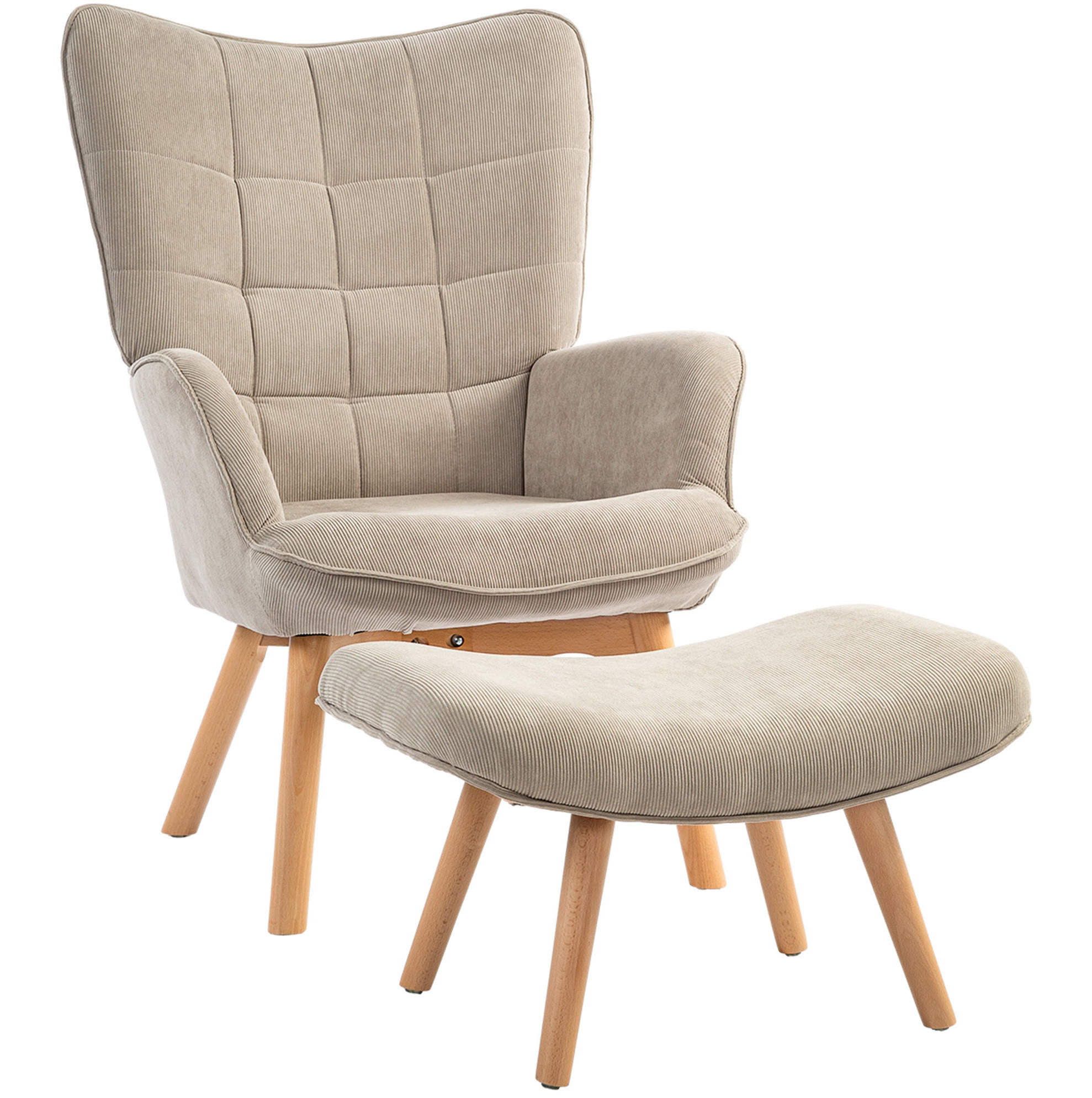 OHRENSESSEL mit Hocker 72/80/101 cm in Khaki mit Holzbeinen - Beige, Textil (72/101/80cm) - Flora Grace