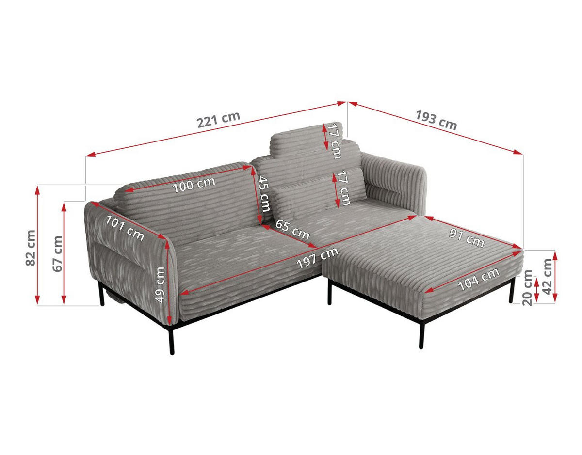 SCHLAFSOFA SALENTO Hellgrau Cord - Hellgrau/Schwarz, Textil/Metall (221/82/193cm) - MKS