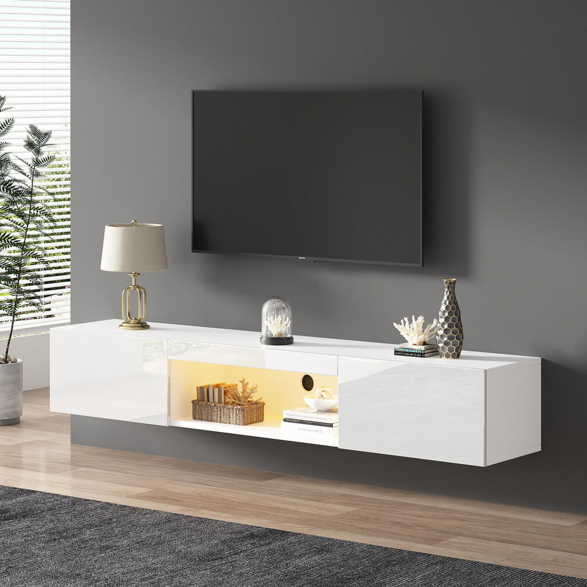 TV-SCHRANK 160x31cm wandmontierbar Hochglanzweiß LED bis 70 Zoll 30KG - Weiß, Holz (39.5/13/170.5cm) - FLIEKS