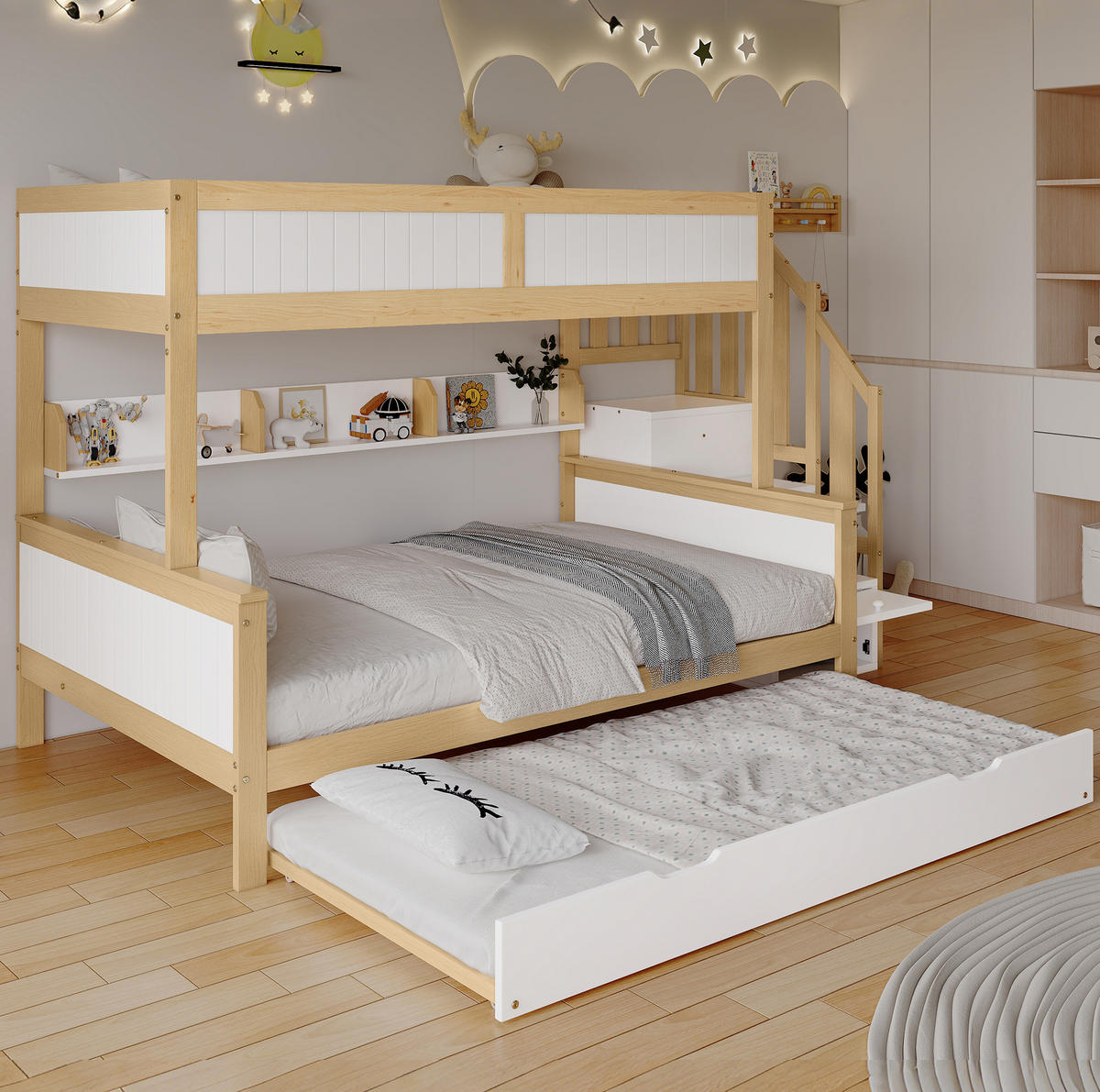 ETAGENBETT aus Kiefer und MDF 90x200/120x200 cm Weiß/Natur mit Rollbett, Stauraumtreppe und Kleiderschrank - Weiß, Holzwerkstoff (90/200cm) - Modfu