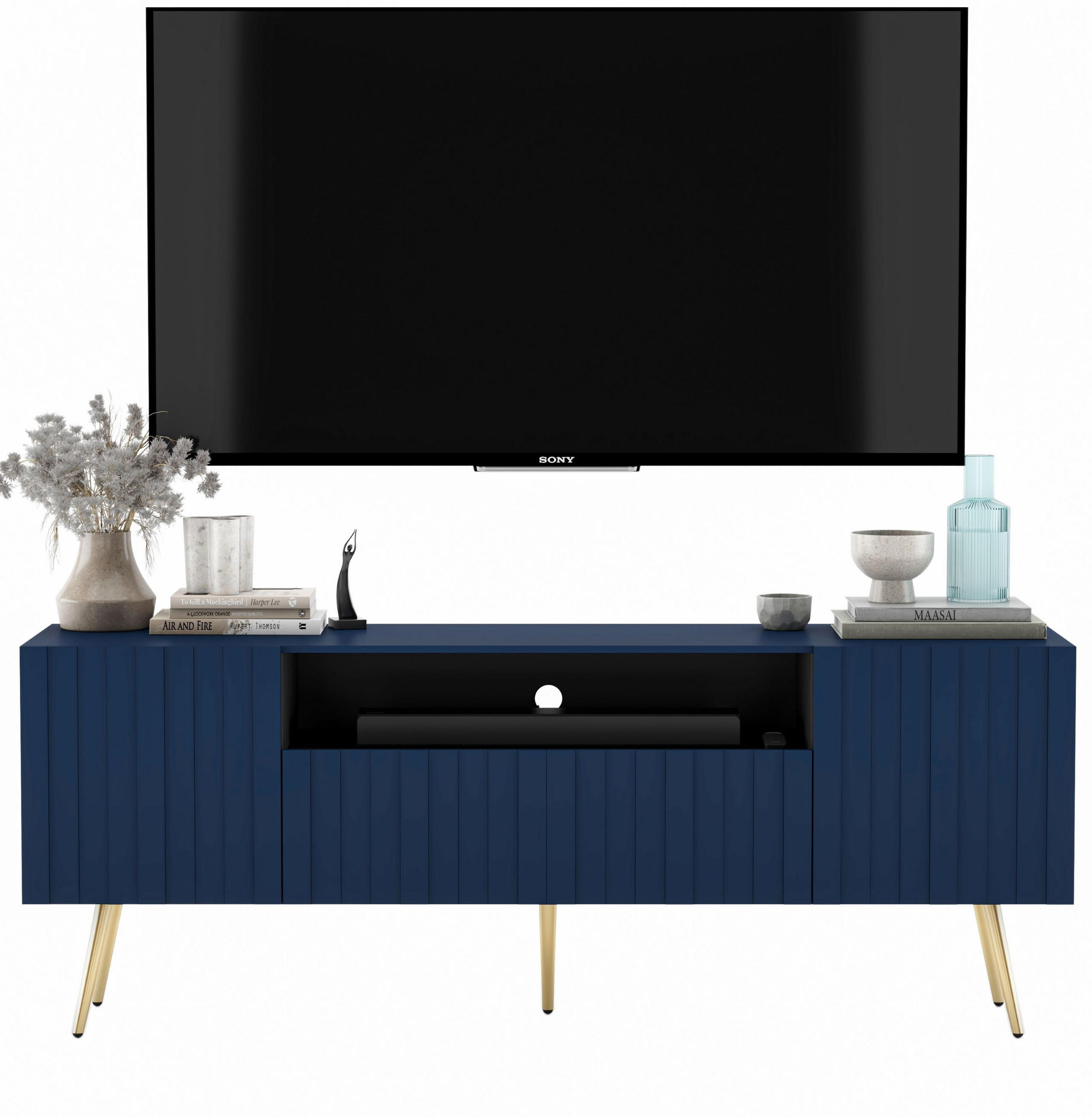 TV-SCHRANK Elpis2 Marineblau Matt mit goldenen Metallbeine Glamour 150 cm - Blau/Goldfarben, Holzwerkstoff/Metall (150/60.5/36.5cm) - Meble Lindner