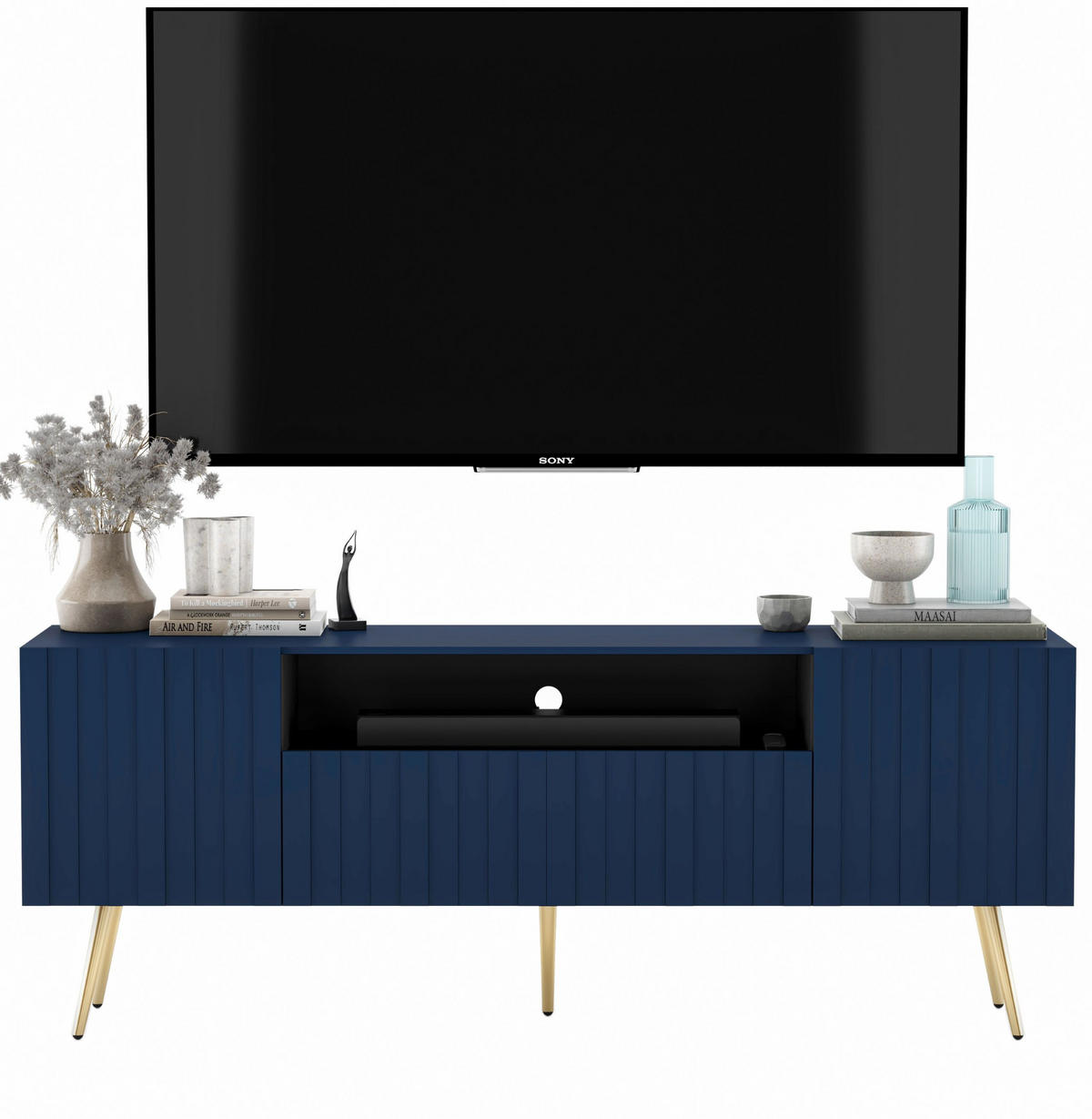 TV-SCHRANK Elpis2 Marineblau Matt mit goldenen Metallbeine Glamour 150 cm - Blau/Goldfarben, Holzwerkstoff/Metall (150/60.5/36.5cm) - Meble Lindner