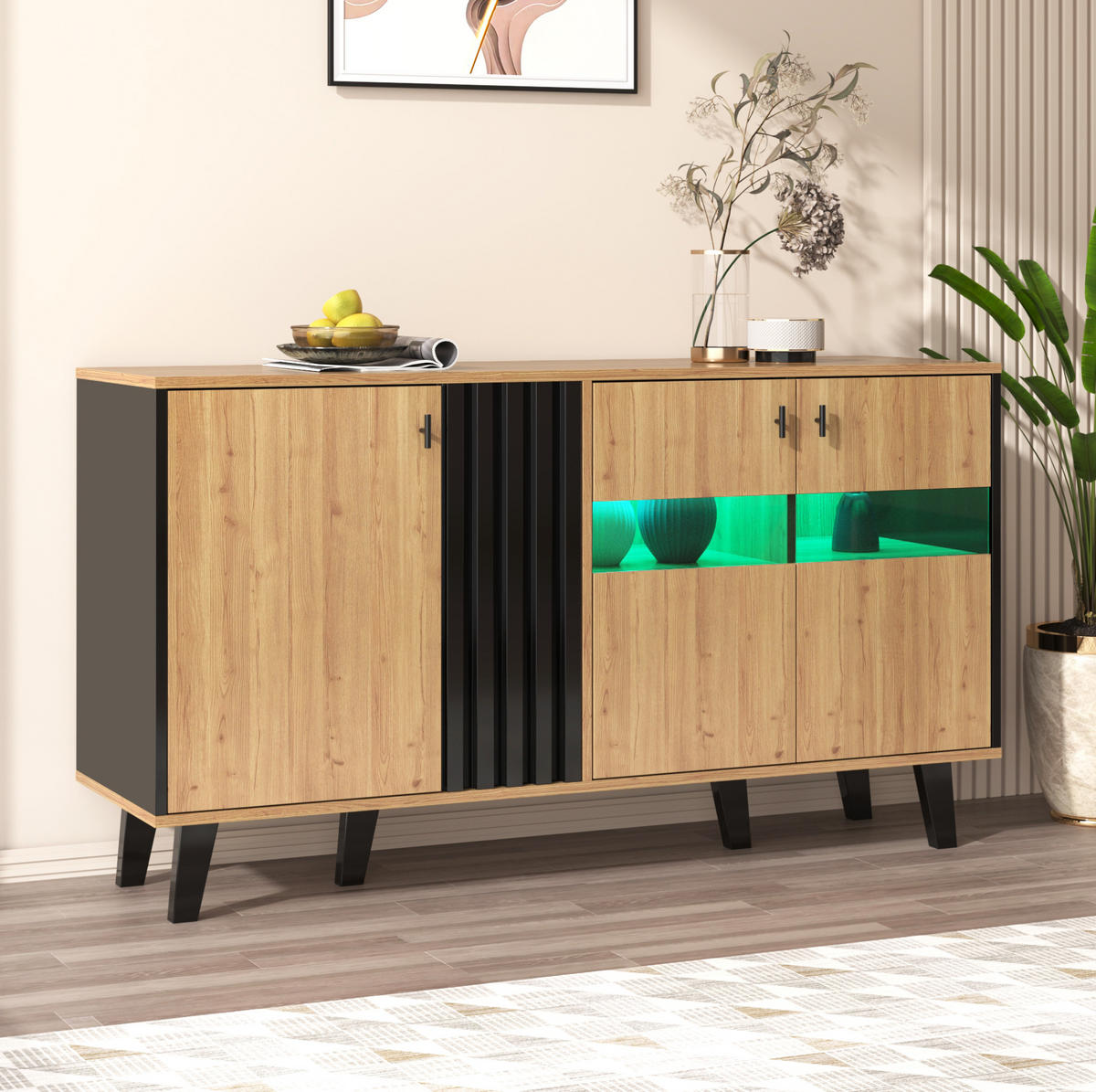 SIDEBOARD 140/41/78,5 cm Natur/Schwarz aus Glas und Spanplatte mit LED - Naturfarben, Holzwerkstoff (140/78/41cm) - OKWISH