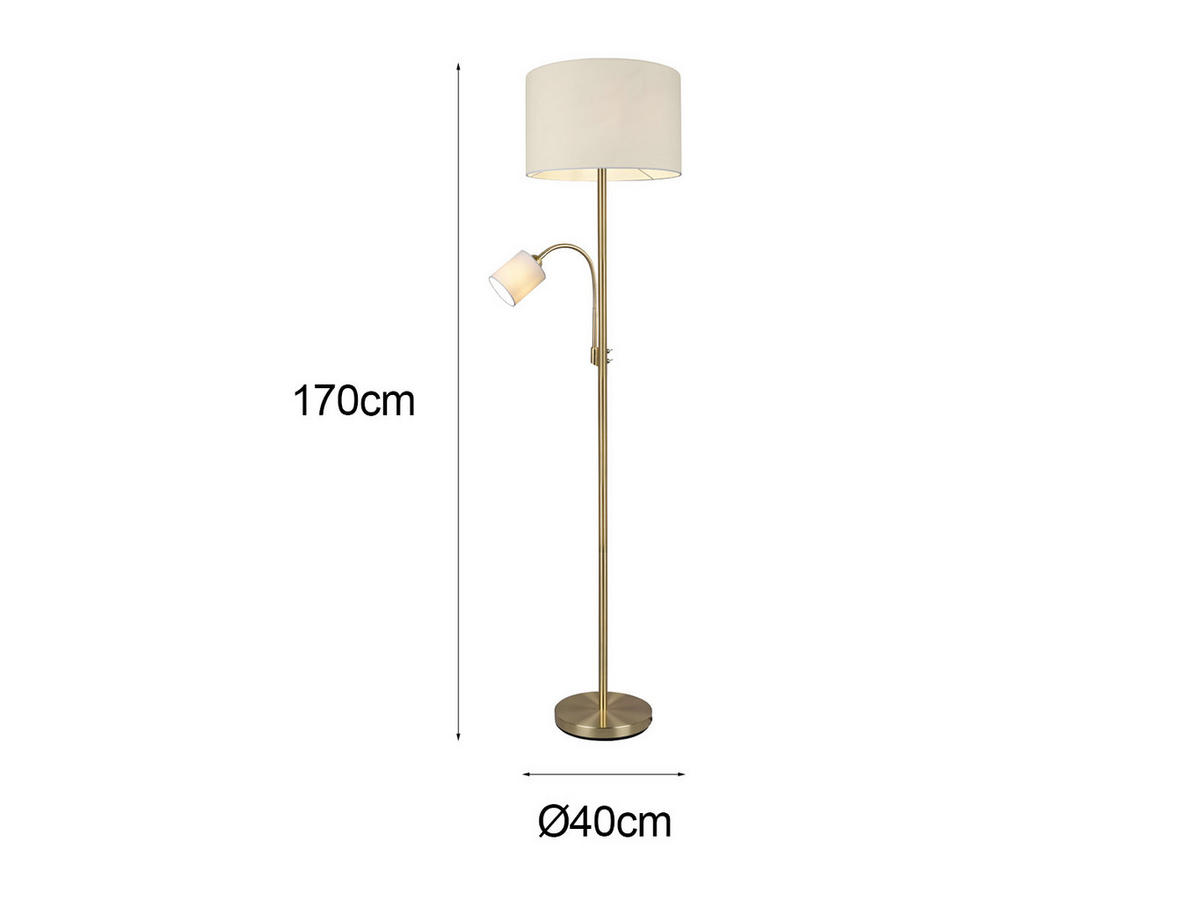 LED-STEHLAMPE Gold mit Leselampe, Höhe 170cm, große Standlampe dimmbar Stoffschirm Weiß, Wohnzimmer - Messingfarben, Textil (40/40/170cm) - meineWunschleuchte