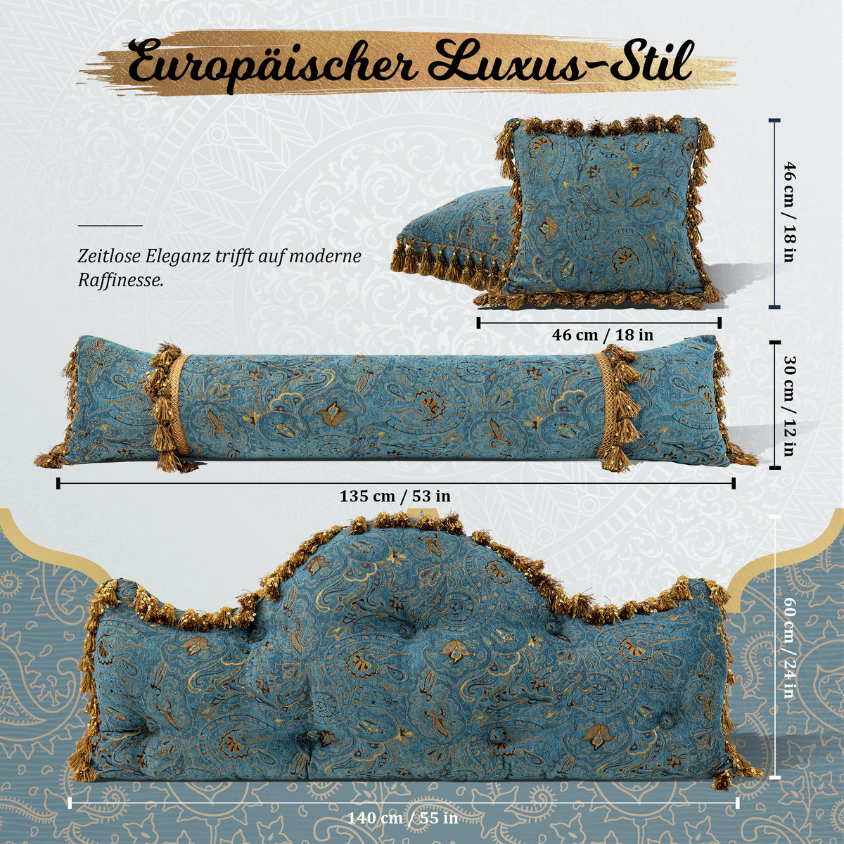 NACHTTISCHKISSEN Golden Flower Türkis 60*140cm 3er-set - Türkis, Textil (15/140cm) - Vercart