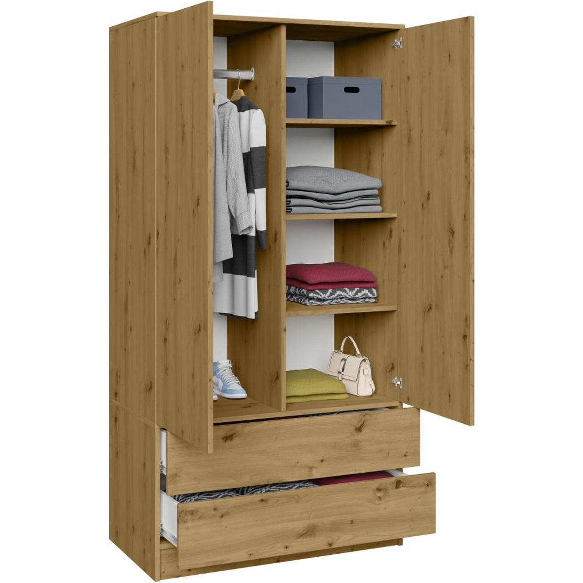 DREHTÜRENSCHRANK Look 90/180/50 cm 2-türig mit Schubladen eiche artisan - Eiche Artisan, Holzwerkstoff (90/180/50cm) - Beautysofa