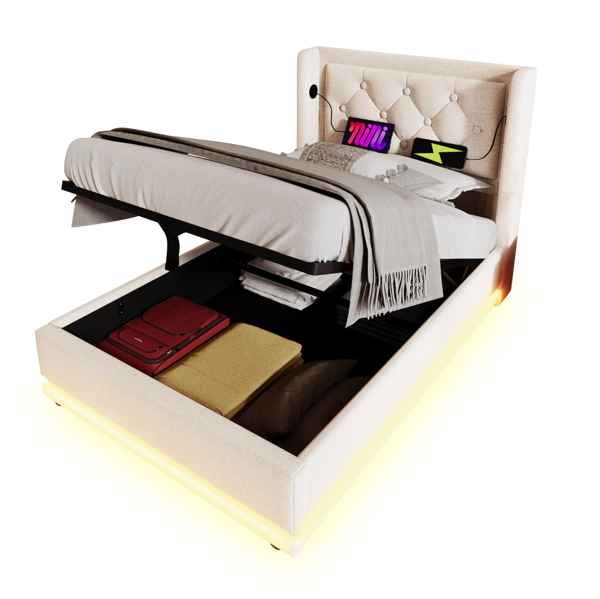 POLSTERBETT 90/200 cm Beige mit Stauraum, LED-Beleuchtung und USB-/Type-C-Anschlüssen - Beige, Textil (90/200cm) - Flora Grace