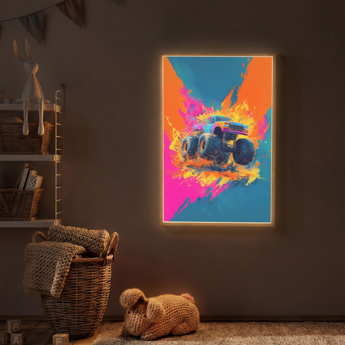 NÁSTĚNNÁ LAMPA S AKUMULÁTOREM Monster truck - Abstraktní - Stříkající barva - Barevné 70x100 cm - růžová, kompozitní dřevo (70/100/8cm) - OnlyWow