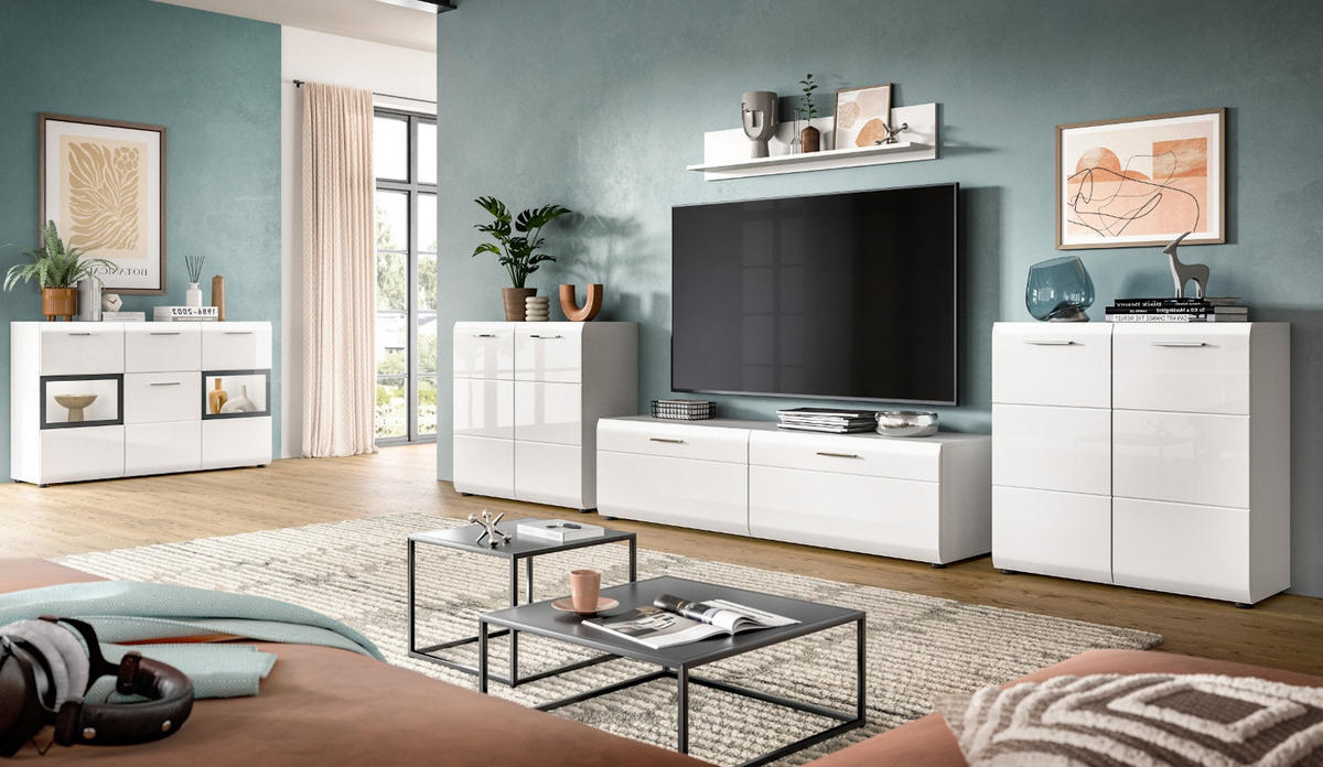 WOHNWAND weiß Hochglanz 4-teilig 350 cm, Schrankwand mit viel Stauraum - Weiß Hochglanz/Silberfarben, Glas/Holzwerkstoff (350/160/41cm) - Inn.Furn