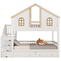 ETAGENBETT 90/200 cm Weiß+Natur mit Stauraumtreppe und zwei Rollen-Schubladen - Weiß, Holzwerkstoff (90/200cm) - OKWISH