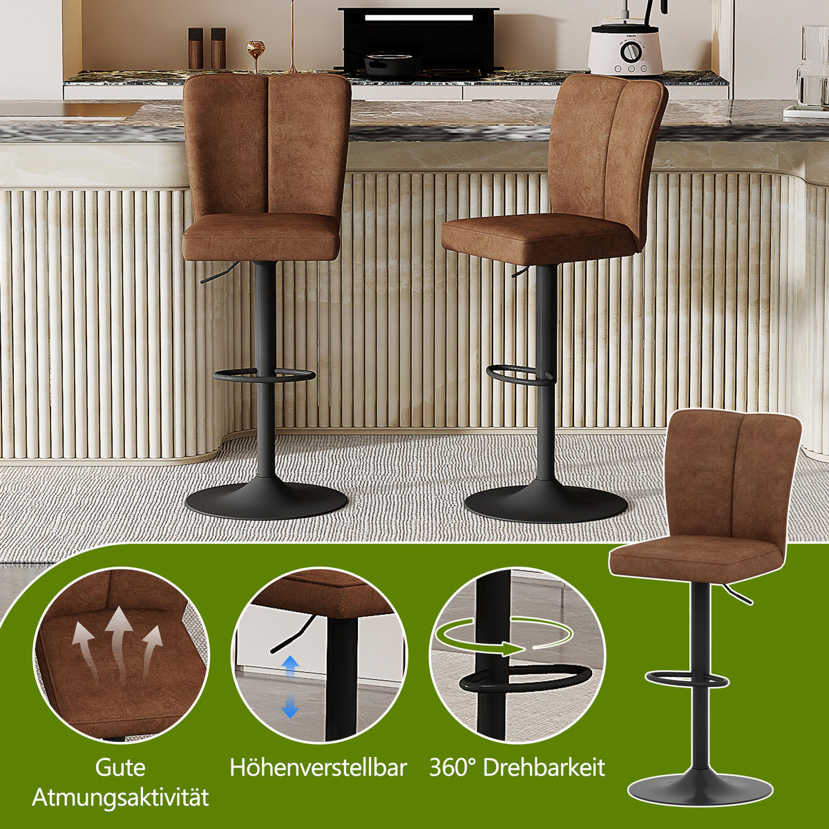 BARHOCKER 2er-Set Braun Höhenverstellbar 360° Drehbar mit Rückenlehne - Braun, Metall (44.5/95.5/44cm) - PANGIVO