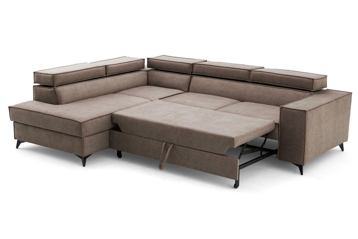 ECKSOFA PURE L Links mit Schlaffunktion 127x199 Velours Beige - Beige/Schwarz, Holz/Textil (281/204cm) - Muffo