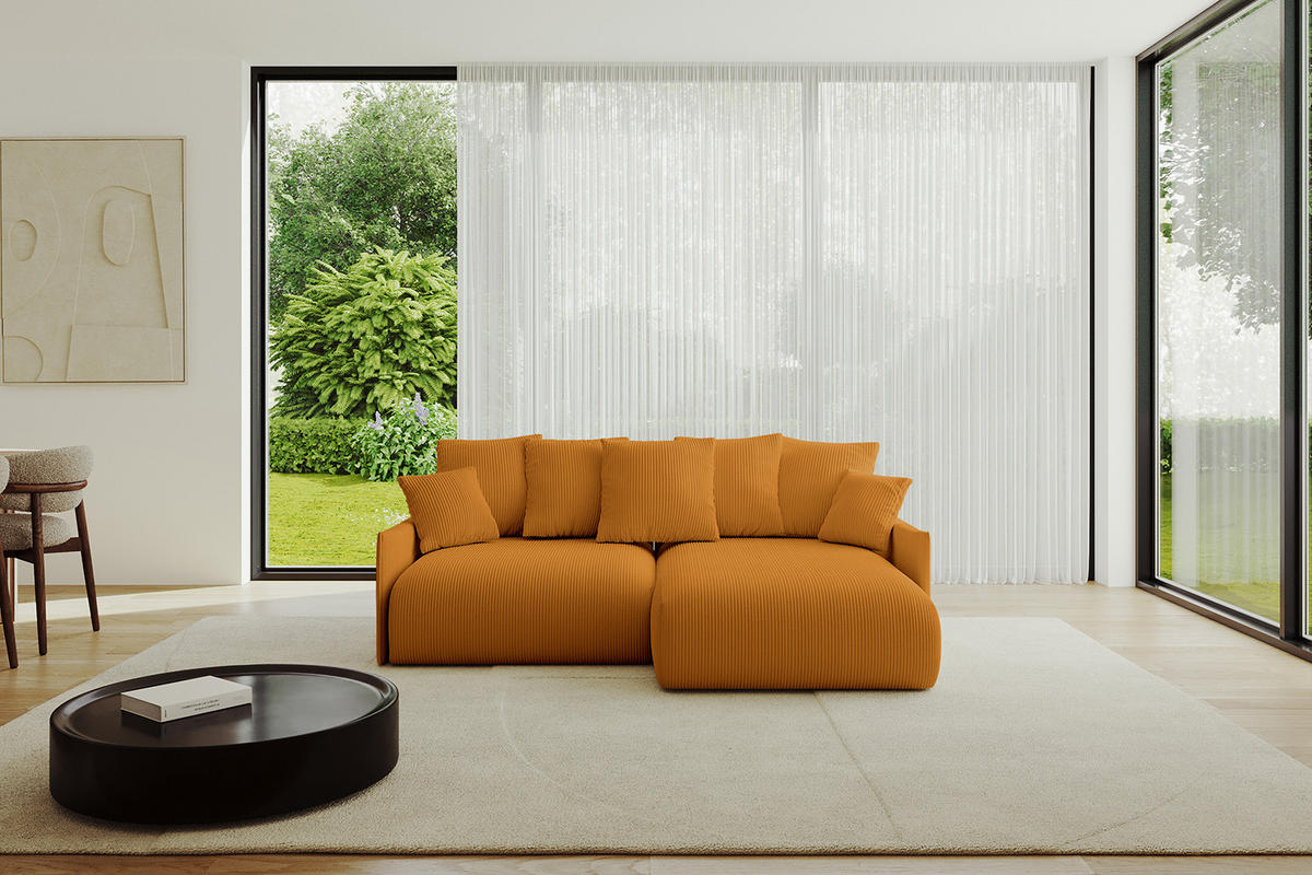 ECKSOFA mit Schlaffunktion und Bettkasten ONESK-L -v1 208x165x40 Senfgelb Cord - Currygelb, Holzwerkstoff/Kunststoff (208/165cm) - ALTDECOR
