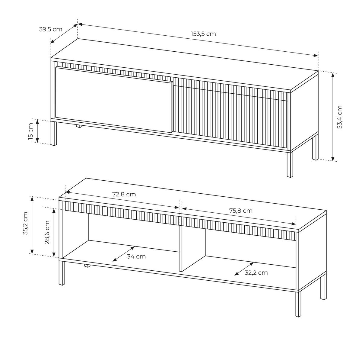 TV LOWBOARD SENSO Geriffelte MDF-Fronten, Push-to-Open, Metallbeine, 153x53,4x39,5 cm, Schwarz - Schwarz, Holz/Holzwerkstoff (154/54/40cm) - DomoHome