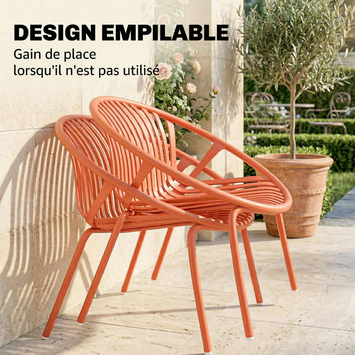 BALKONSET DE-14177 2 Sessel & Tisch, PP-Schalen Ziegelrot - Orange, Metall - ComfortXL