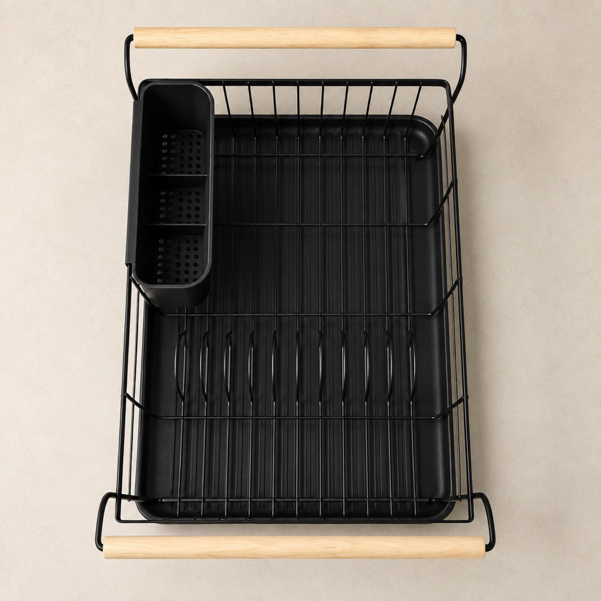 GESCHIRRABTROPFER mit Besteckbehälter 43/32/20 cm - Schwarz, Metall (32/20/43cm) - BOXIMO