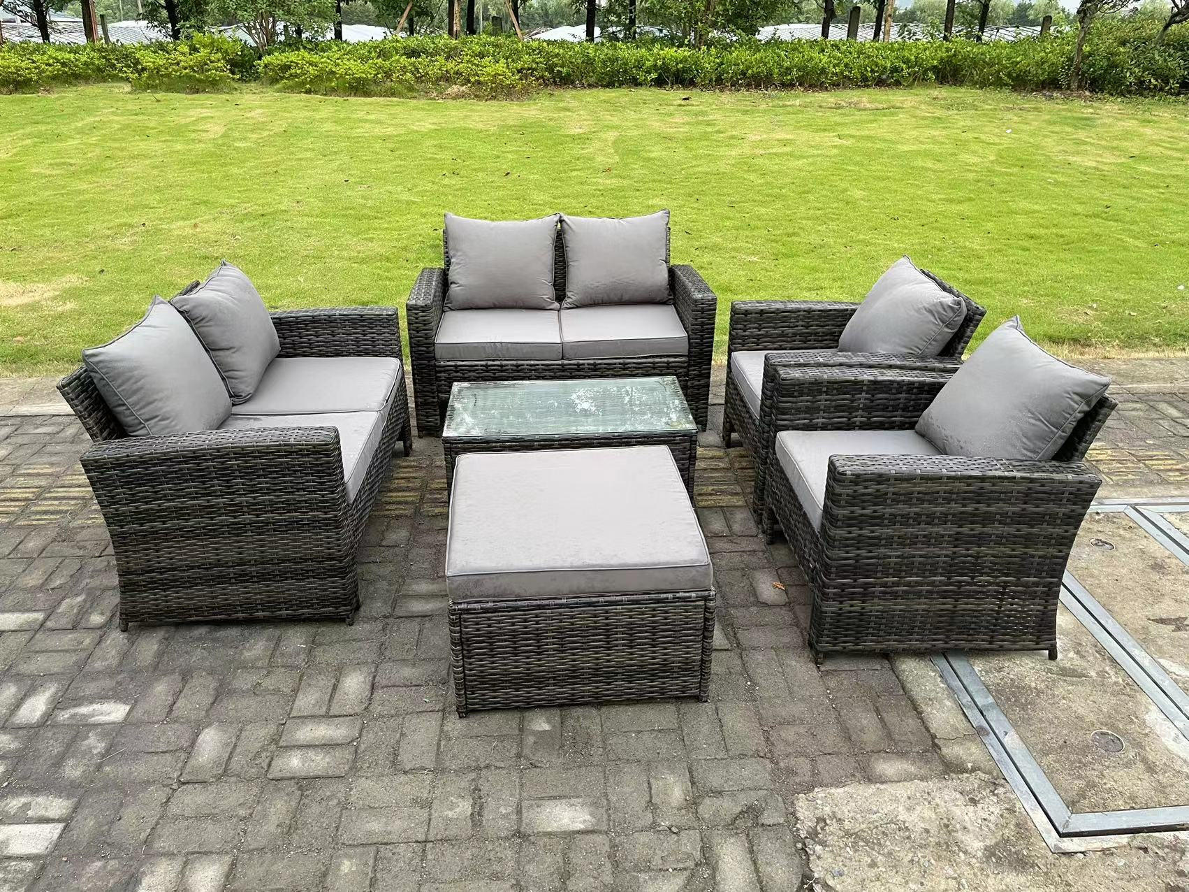 GARTENMÖBEL Set Polyrattan Dunkelgrau 7-Sitzer - Dunkelgrau, Metall - Fimous