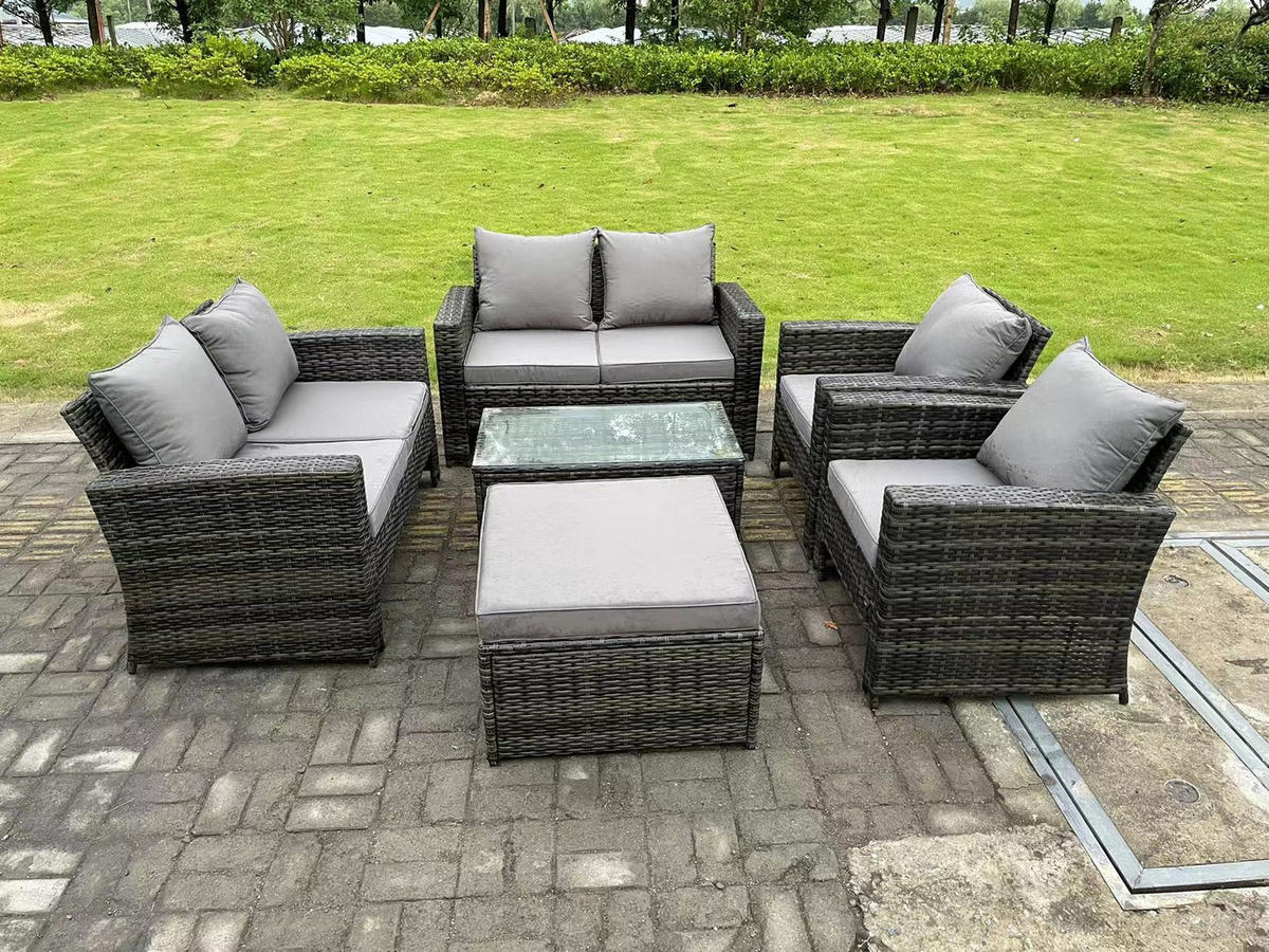 GARTENMÖBEL Set Polyrattan Dunkelgrau 7-Sitzer - Dunkelgrau, Metall - Fimous