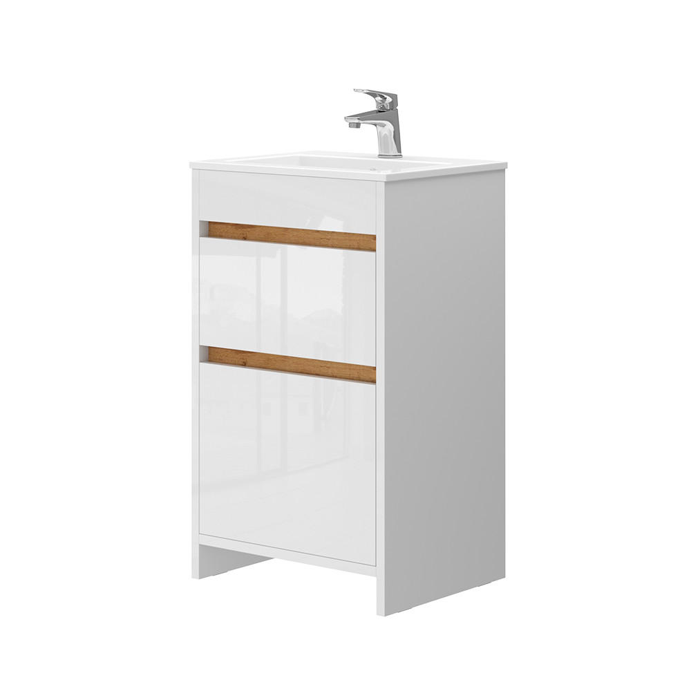 BADRUMSM&Ouml;BELSET Detmold Vit h&ouml;gblank/Goldkraft ek 2 delar, med handfat och 2 l&aring;dor Vit h&ouml;gglans, Honungsek 81/49/40 cm