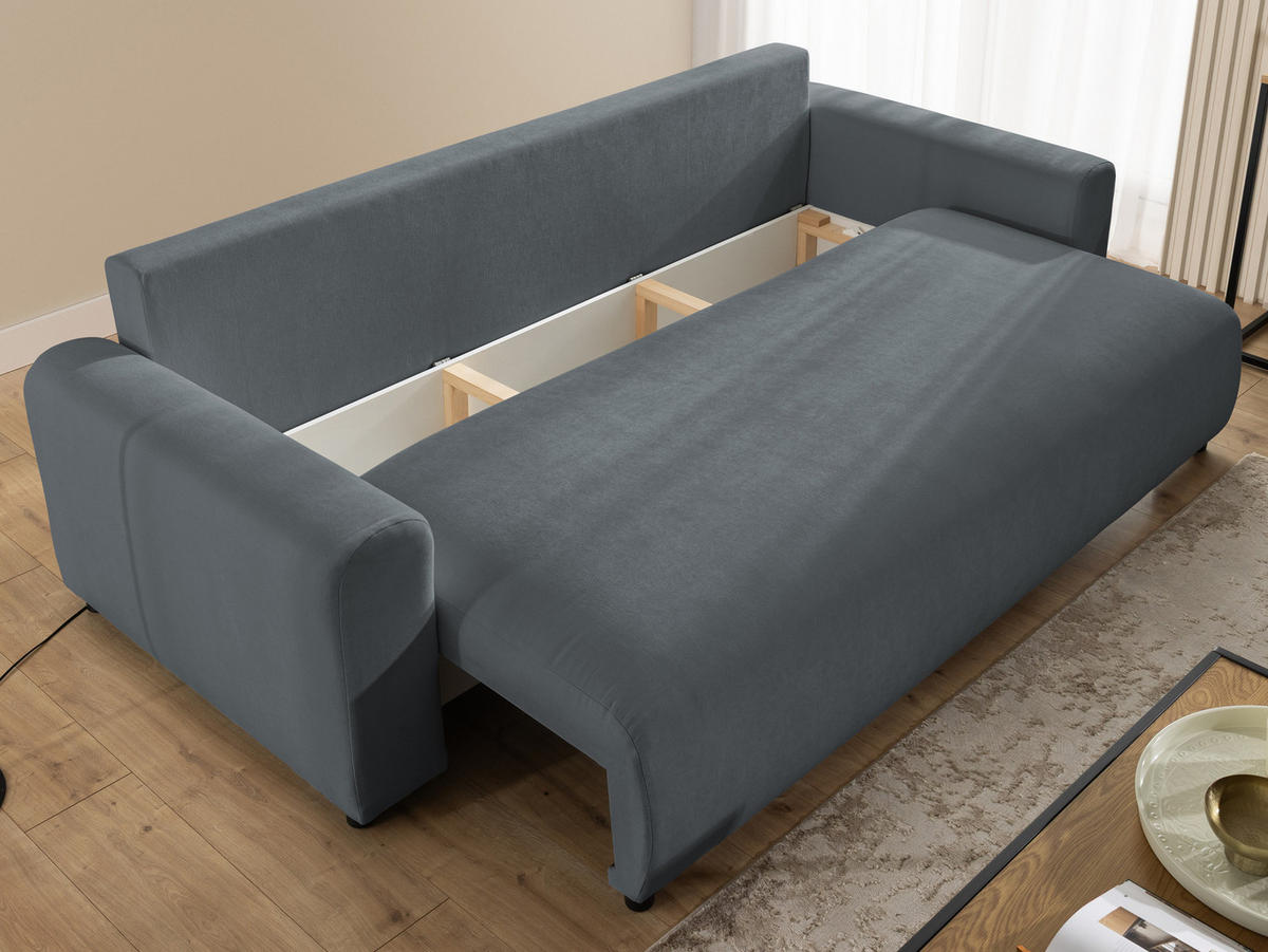 SCHLAFSOFA Calma mit Bettkasten im Bumpy-Design aus weichem Dunkelgrau Webstoff - Dunkelgrau/Schwarz, Holz/Kunststoff (239/88/98cm) - S-Style