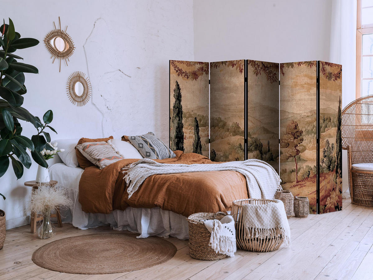 PARAVÁN Obojstranný 5-dielny 225x172 cm Retro Krajina - hnedá, drevo/textil (225/172/3cm) - Muralo