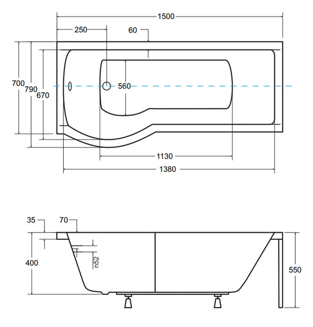 BADEWANNE Rechteck INSPIRO 150/70 Links mit Styro Ablauf Füße - Weiß, Kunststoff (70/55/150cm) - bad land