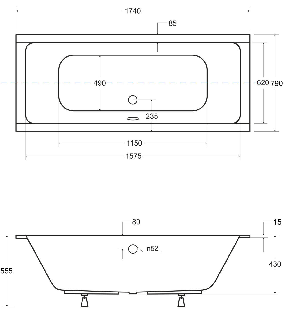 BADEWANNE Rechteck QUADRO SLIM 175/80 mit Styro Ablauf Füße - Weiß, Kunststoff (80/55.5/175cm) - bad land