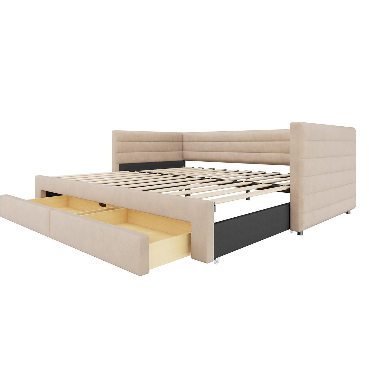 POLSTERBETT 90/190 cm ausziehbar zum Doppelbett mit 2 Schubladen und Lattenrost, Beige - Beige, Textil (90/190cm) - Redom