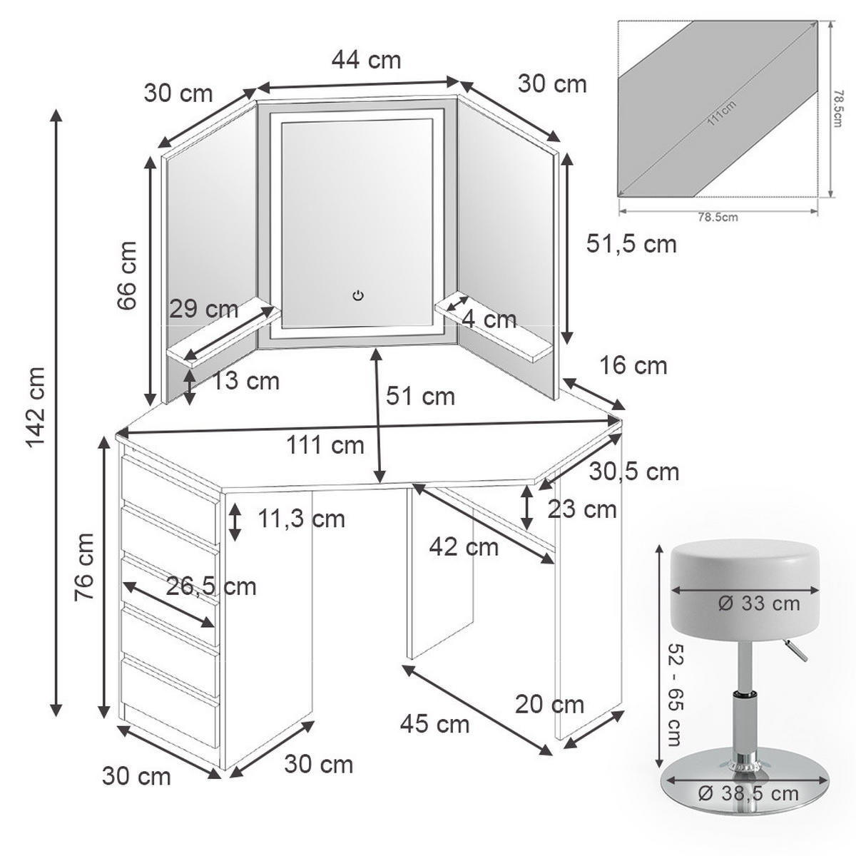 ECKSCHMINKTISCH Arielle Weiß 110 cm mit LED-Spiegel und Hocker - Weiß, Holzwerkstoff (110/141.5/54cm) - Vicco