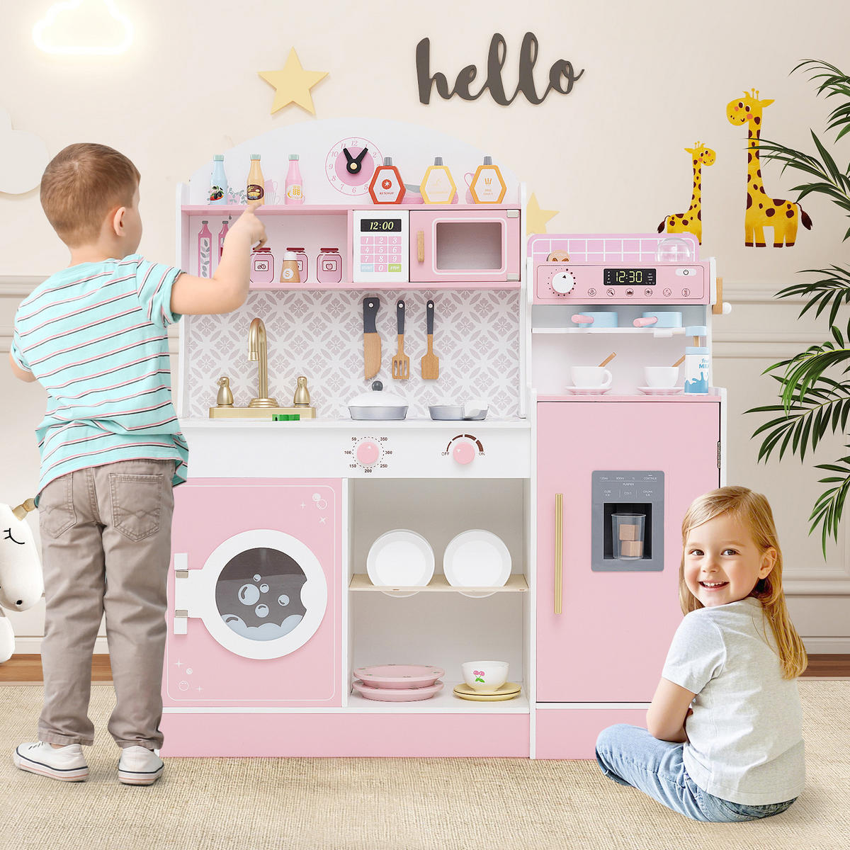 SPIELKÜCHE Rosa - Pink, Holzwerkstoff (106/105/30cm) - COSTWAY
