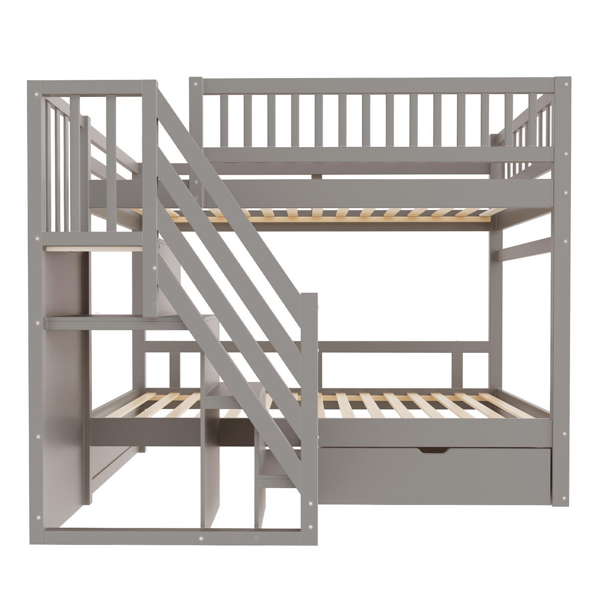ETAGENBETT 90/200 cm mit Stauraumtreppe, Schublade, Lattenrosten und hohem Sicherheitsgeländer, Grau - Grau, Holzwerkstoff (90/200cm) - Redom