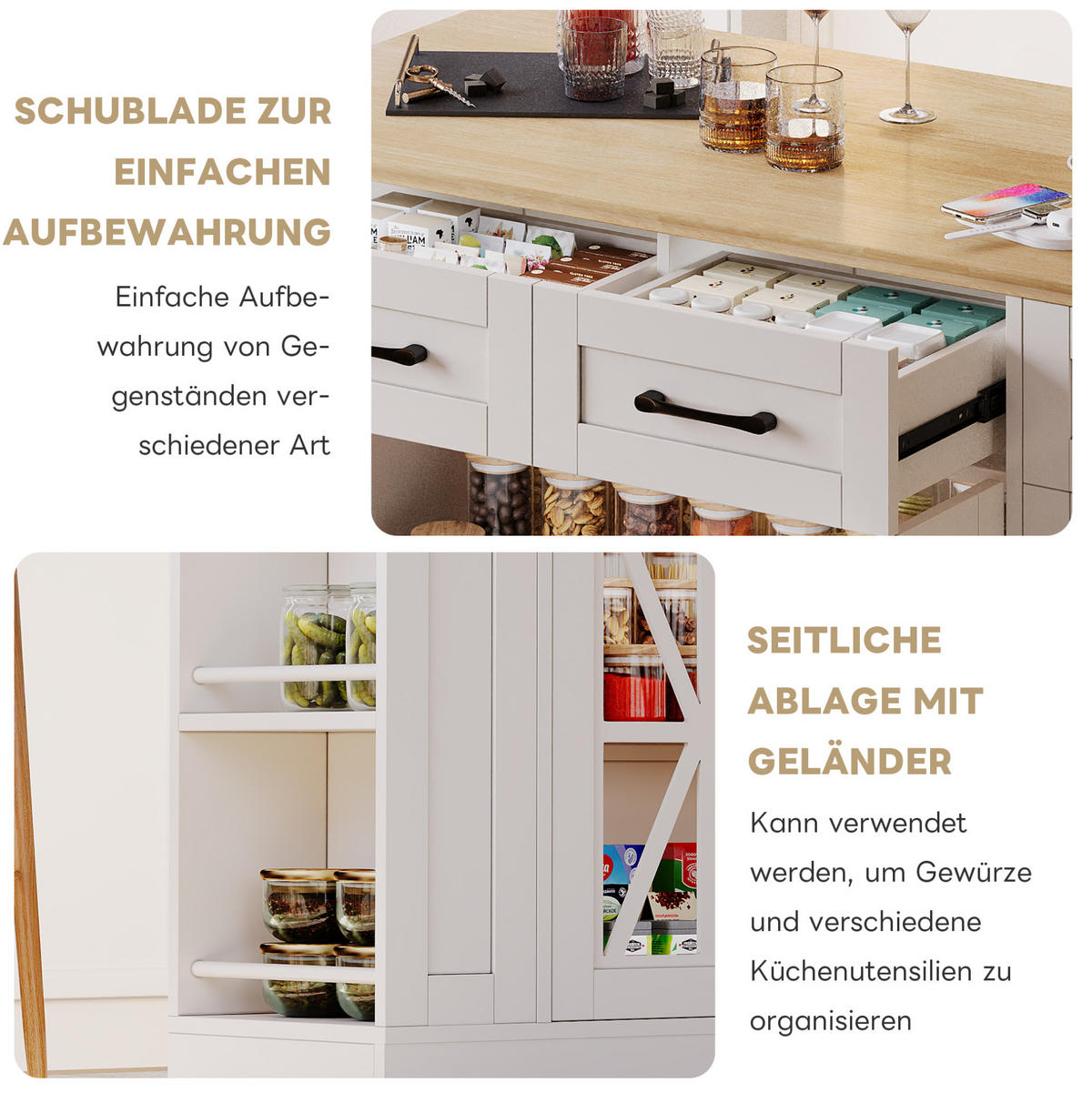 KÜCHENINSEL aus MDF 120x40(65)x92 cm Weiß/Natur mit Klapptisch, 2 AC- und 2 USB-Anschlüssen, Glastüren und Rollen - Weiß, Holzwerkstoff (120/92/65cm) - Modfu