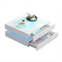COUCHTISCH weiß aus Spanplatte mit gehärteter Glasplatte und App-gesteuerter USB-LED 70 × 70 × 35 cm - Weiß, Holzwerkstoff (70/70/35cm) - Luhomfu